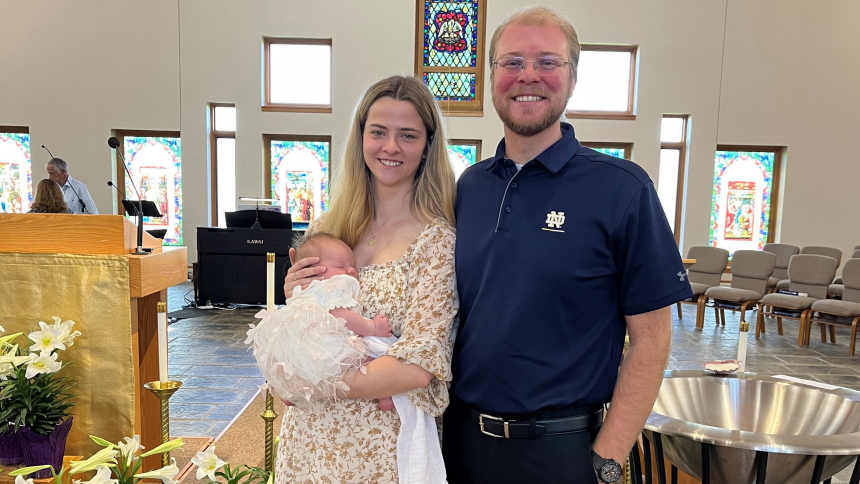 Kieran and Mitchell Bolda, parishioners of Holy Spirit in Winfield, celebrated the baptism their daughter Alva Dorothea in April on the Saturday after Easter. Mitchell Bolda said, "It was another great, joyful day in our lives, just having a bunch of family and friends come and be apart of it and welcome her into the family of God." (Provided photo)