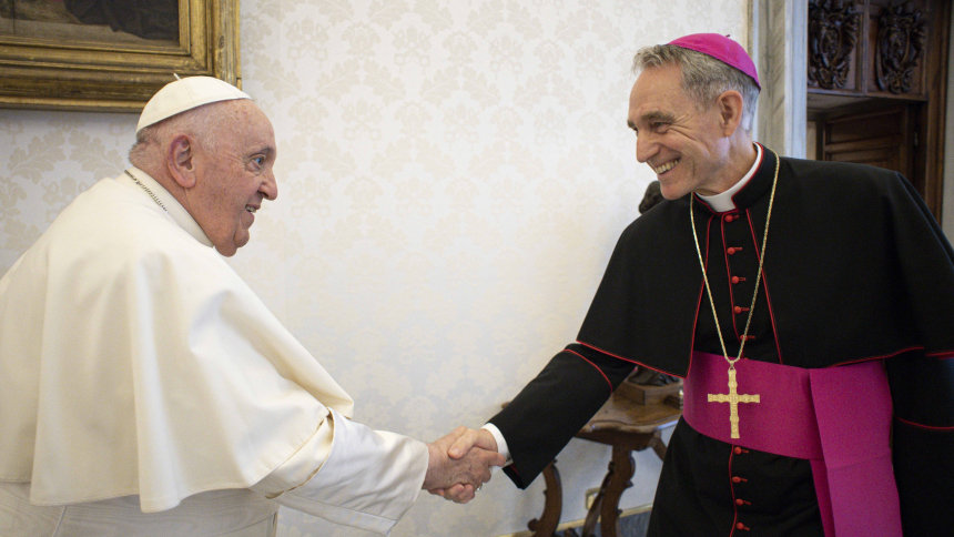 Pope Francis meets Archbishop Georg Gänswein, personal secretary to the late Pope Benedict XVI, in the library of the Apostolic Palace at the Vatican in this May 19, 2023, file photo. Pope Francis has directed Archbishop Gänswein to return to his home diocese of Freiburg in southwest Germany without an assignment by July 1. (CNS photo/Vatican Media)