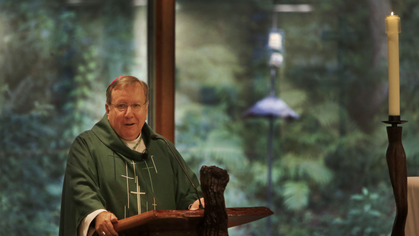 Bishop Robert J. McClory gives his homily during the Green Mass at St. Ann of the Dunes on Sept. 6. (Bob Wellinski photo)