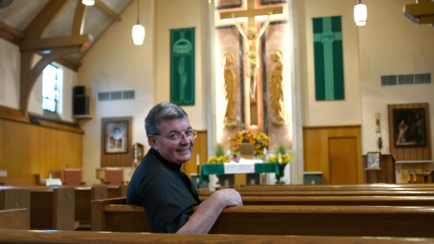 Father Paul Quanz sits in Our Lady of Sorrows church, where he is pastor, on October 11. The Valparaiso-based priest and New York State native first arrived in the Diocese of Gary to serve as a teacher, then principal at Andrean High School in Merrillville when he was a part of the Basilian Fathers order. An early on-again, off-again interest in the religious life led him to the priesthood and a sense that he "is one lucky guy." (Anthony D. Alonzo photo) 