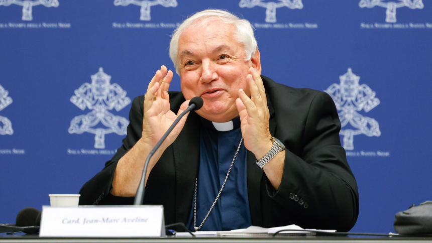 Cardinal Jean-Marc Aveline of Marseille, France, speaks during a briefing about the assembly of the Synod of Bishops at the Vatican Oct. 23, 2023. (CNS photo/Lola Gomez)