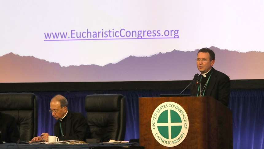 Bishop Andrew H. Cozzens of Crookston, Minn., then chair of the U.S. Conference of Catholic Bishops' Committee on Evangelization and Catechesis, gives a presentation on the National Eucharistic Revival and the 2024 National Eucharistic Congress speaks during a Nov. 15, 2023, session of the fall general assembly of the USCCB in Baltimore. (OSV News photo/Bob Roller)