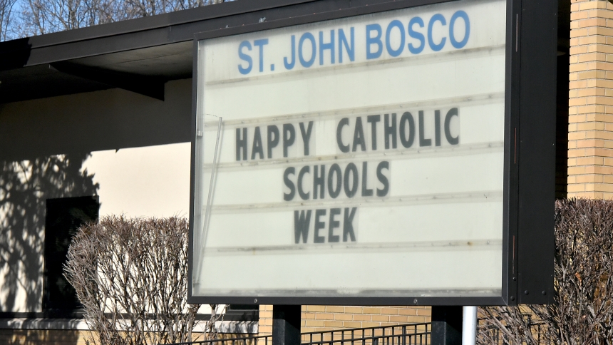 A Catholic Schools Week message is pictured on the sign at St. John Bosco School in Hammond. Like other diocesan schools, SJB will celebrate CSW from Jan. 28 - Feb. 3 with academic events, prayer and liturgy, charitable endeavors and leisure activities. (Anthony D. Alonzo photo) 