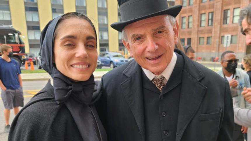 Msgr. Paul Bochicchio, a priest in residence at St. Francis Church in Hoboken, N.J., is pictured in an undated photo with Cristiana Dell'Anna who plays Mother Cabrini in the upcoming film "Cabrini," produced by Angel Studios about the life and ministry of St. Frances Xavier Cabrini, set to debut in theaters in March 2024. Msgr. Bochicchio is a script adviser and spiritual consultant for the film. (OSV News photo/courtesy Msgr. Bochicchio)