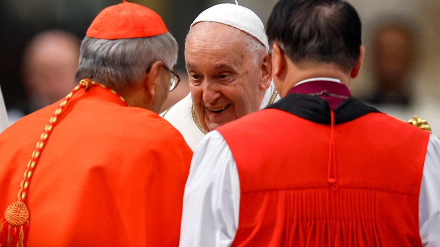 Pope Francis greets Cardinal Stephen Chow Sau-yan of Hong Kong and Anglican Bishop Matthias Tze-Wo Der of Hong Kong, after an evening prayer service at the Basilica of St. Paul Outside the Walls in Rome Jan. 25, 2024. The service marked the end of the Week of Prayer for Christian Unity. (CNS photo/Lola Gomez)