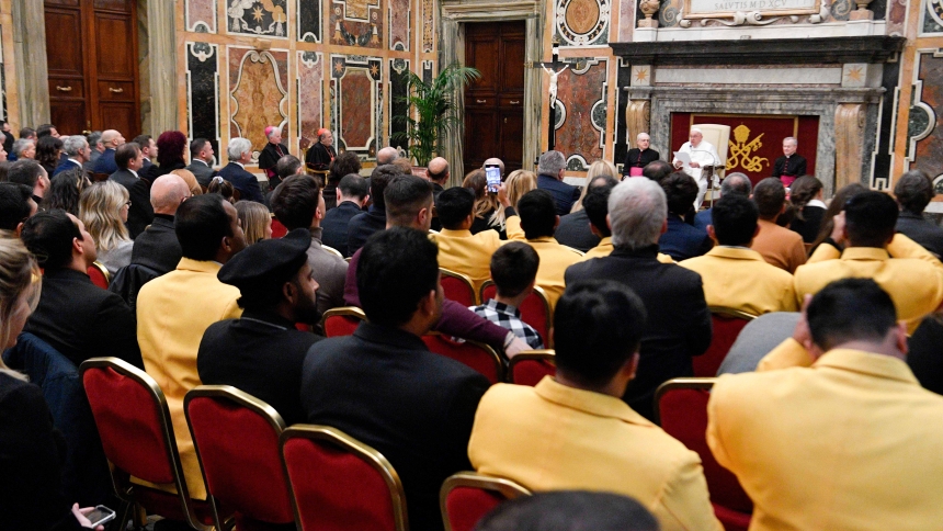 Pope Francis meets with members of "Athletica Vaticana," a sports organization associated with Vatican City State, and members of partnering organizations at the Vatican Jan. 13, 2024. (CNS photo/Vatican Media)