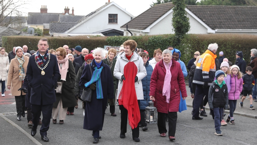 Theresa Kilmurray of the Brigidine Congregational Leadership Team carries the St. Brigid relic, draped in red, to St. Brigid's Church in Kildare, Ireland, Jan. 28, 2024. (OSV News photo/courtesy John Mc Elroy) 