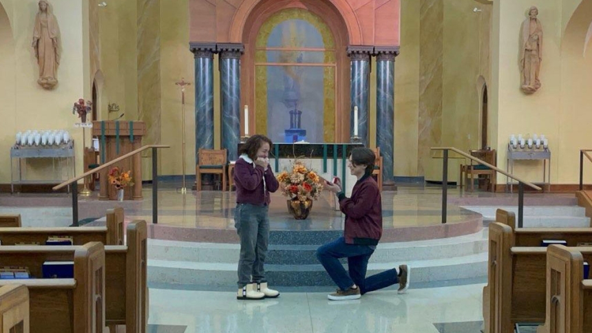 Jackie Martinez reacts as her boyfriend, Joey Bowen, proposes to her in Holy Family Parish - St. Peter Church on Oct. 14, 2023. (Photo provided)