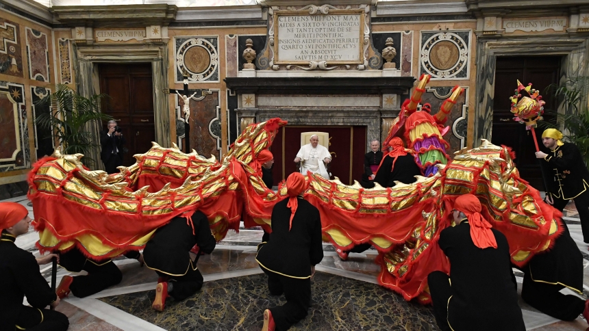 Performers exhibit a traditional dragon dance to welcome in the Chinese New Year, which begins Feb. 10, during an audience at the Vatican Feb. 2, 2024. The audience included a delegation from the National Federation Italy-China and the Chinese Martial Arts Academy of Vercelli in northern Italy. (CNS photo/Vatican Media)