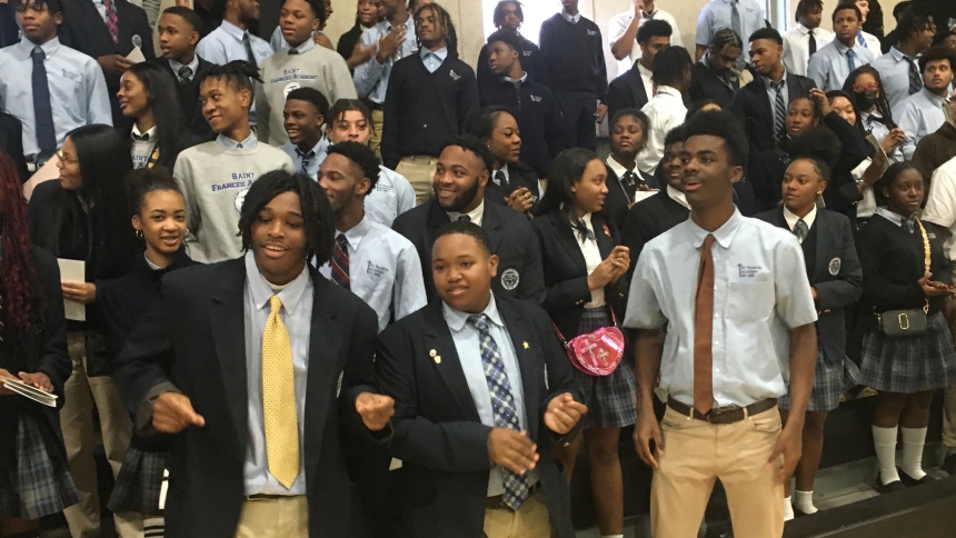 Students sing "Oh Happy Day" at the conclusion of a Jan. 30, 2024, Mass at St. Frances Academy in East Baltimore that honored its foundress, Mother Mary Lange, who is one of six Black Catholics who are candidates for sainthood. Pope Francis  declared Mother Lange "venerable" June 22, 2023, recognizing her heroic virtues. (OSV News photo/George P. Matysek Jr., Catholic Review)