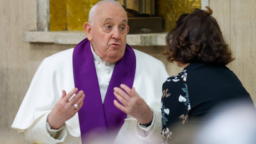 Pope Francis hears a woman's confession during a Lenten penance service March 8, 2024, at the parish of St. Pius V in Rome. (CNS photo/Lola Gomez)
