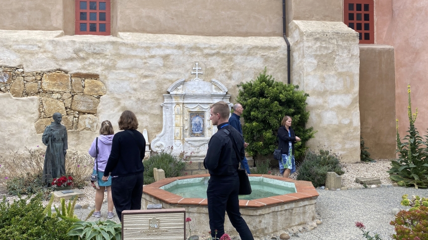 Members of the Holy Family Parish pilgrimage group, including Father Nate Edquist, pastor of the parish, tour a mission during the parish’s 2023 pilgrimage to California’s wine country and missions/Holy sites in September 2023. (Photo supplied by Maggie LeRoy)