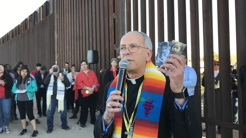 Bishop Mark J. Seitz of El Paso, Texas, is seen Feb. 26, 2019, at the U.S.-Mexico border wall. Bishop Seitz, who chairs the U.S. Conference of Catholic Bishops' Committee on Migration, is one of the hosts for an March 21 El Paso event called "Do Not Be Afraid: March and Vigil for Human Dignity," which protests what organizers called "dehumanizing laws and policies" toward migrants. (OSV News photo/David Agren)