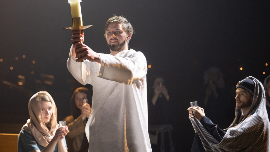 Tim Klimisch as Jesus holds a candle during the Resurrection scene at a March 12, 2024, dress rehearsal of the Living Stations at the Church of St. Paul in Ham Lake, Minn. (OSV News photo/Dave Hrbacek, The Catholic Spirit)