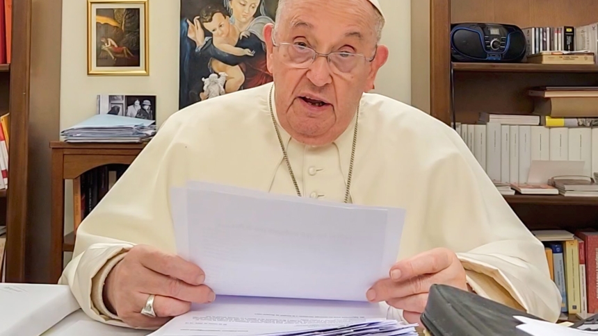 Pope Francis delivers a video message released by the Vatican March 26, 2024, to Catholics in the Archdiocese of Rosario, Argentina, where drug- and gang-related violence has escalated. (CNS photo/screengrab Vatican Media)