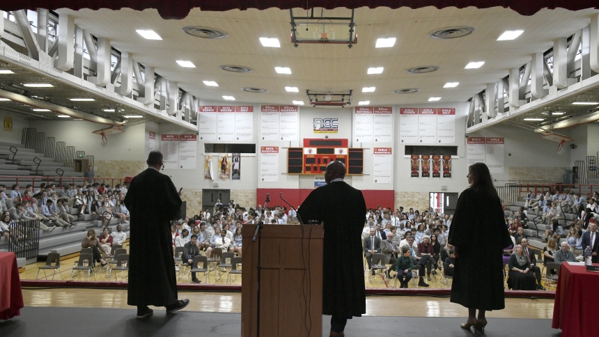 Court of Appeals of Indiana judges Peter Foley (left), Rudolph Pyle (center) and Elizabeth Tavitas (right) field questions from students as part of the Appeals on Wheels program that held court in the Andrean High School gymnasium in Merrillville on March 14. The educational initiative sponsored by the state court returned to the Home of the 59ers to promote knowledge of the law and the processes of courts. (Anthony D. Alonzo photo)